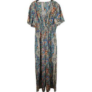 Colorful Floral Wide Leg Jumpsuit XL Resort Preppy Feminine Boho Indie Folk Chic